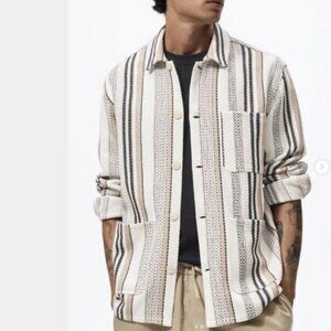 Zara Men's Stripes Overshirt Textured Chore Long Sleeve Button Down Shirt Sz M